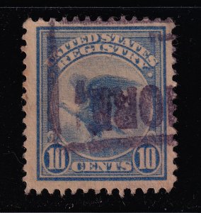 1911 Registry Mail 10c ultramarine Sc F1 used CV $14 (H