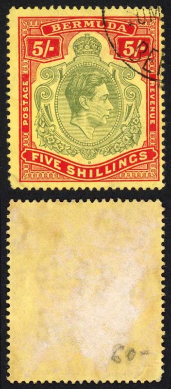 Bermuda SG118b KGVI 5/- Pale Green and Red/yellow Line Perf 14.25 (Ref 105)