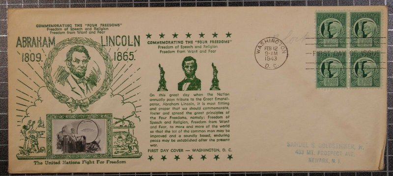 Scott 908 - 1 Cent Four Freedoms FDC Crosby Double Cachet Seldom Seen