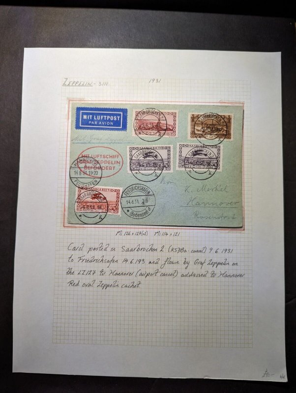 1931 Germany Saar Airmail LZ 127 Graf Zeppelin Cover Saarbrucken to Hannover