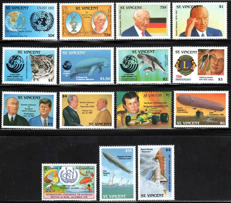 St. Vincent #1746-60 ~ Cplt Set 15 ~ Events ~ MNH, [65c, $5 GL rev] (1992-93)