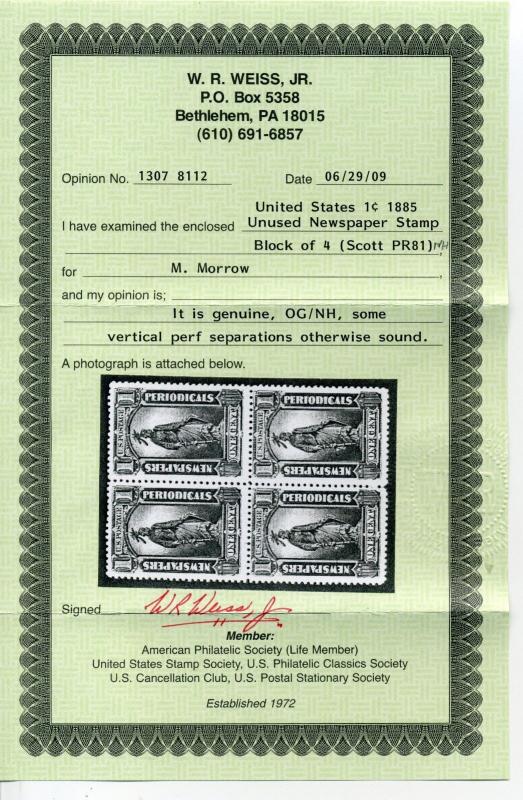 Scott #PR81 Newspaper Mint NH Stamp w/ Weiss Cert (Stock #PR81-10)