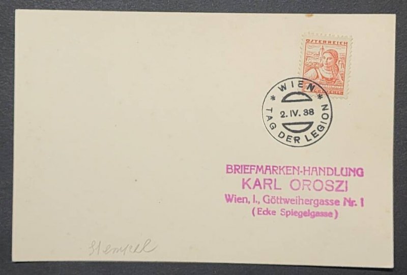 WW2 WWII AUSTRIA WIEN Tag Der Legion German Third Reich era Postcard stamp 1938