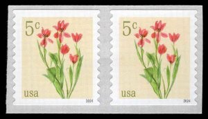 USA 5905 Mint (NH) Red Tulips (Additional Postage 5c) Coil Stamp Pair