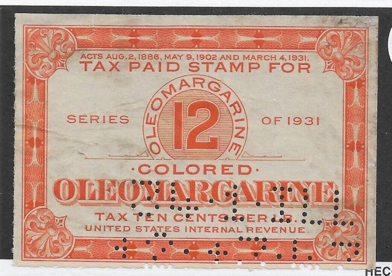 Uncolored Oleomargarine Tax PAid, Springer #FE91, used (49335)