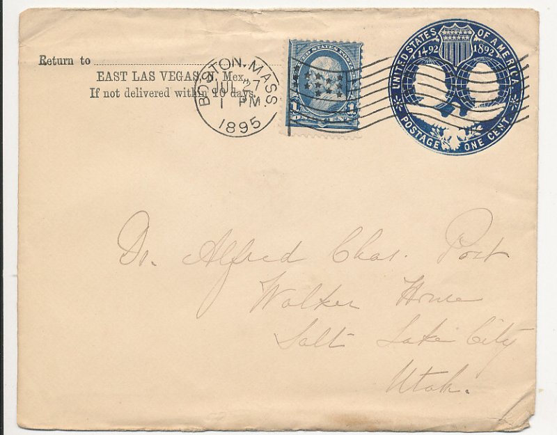 1895 East Las Vegas New Mexico Territory  Return address Boston Flag Cancel