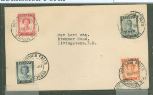 Southern Rhodesia 67-70 Victory issue - royal family; on cover Vic Falls cds 8 May 1947.  Receipt back stamp cds on reverse Livi