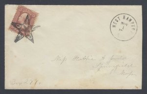 US, Scott 65, UNION Star FANCY cancel of West Hampton cover (S-E ST-C14)