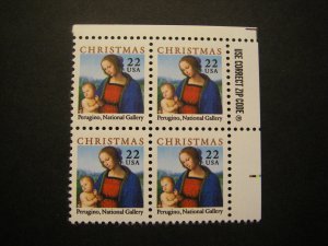 Scott 2244, 22c Christmas Madonna & Child, 1986, Zip block of 4 UR, MNH Beauty