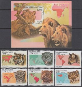 BENIN Sc# 1190-6 CPL MNH SET of 6 + SOUVENIR SHEET of VARIOUS WILDCATS