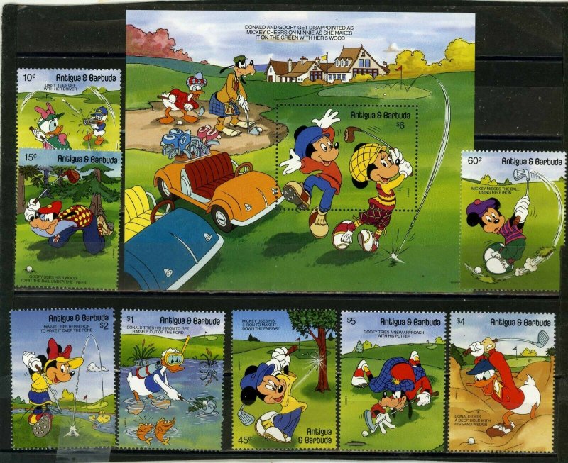 ANTIGUA & BARBUDA 1991 DISNEY CHARACTERS PLAYING GOLF SET OF 8 STAMPS & S/S MNH 