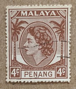 Malaya Penang 1954 4c brown QEII, used. Scott 31, CV $0.25. SG 30