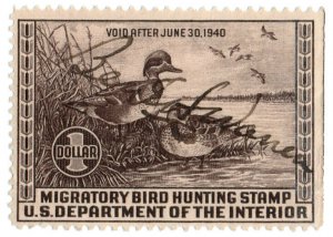 (I.B) US Revenue : Duck Hunting Stamp $1 (1939)