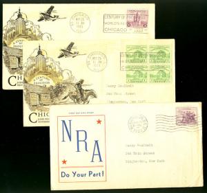 US #728 729, 732 First Day Covers, VF, each with colorful cachet, Fresh!