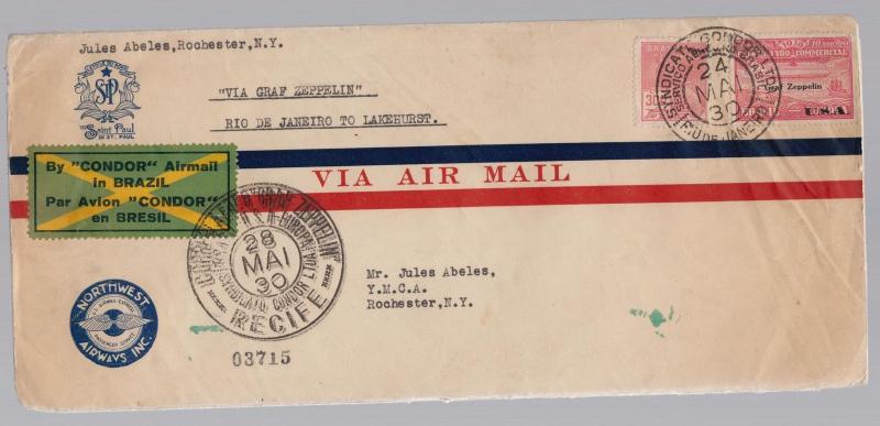 1930 Brazil Graf Zeppelin cover to USA Condor Stamp