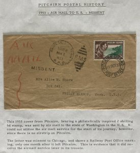 1953 Pitcairn Islands Airmail cover To Friday Harbor WA Usa Missent