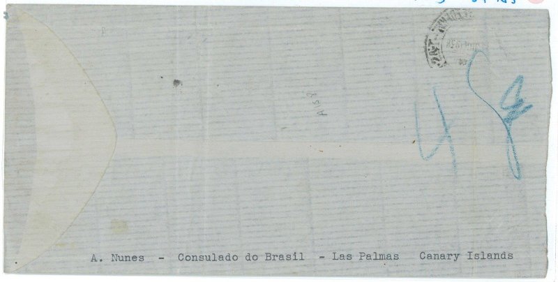 P 1247  -  SPAIN, 1938 CONSULAR LETTER FROM LAS PALMAS TO RIO DE JANEIRO