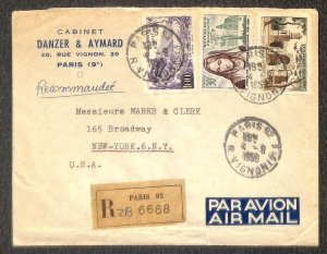 FRANCE 855 909 & 929 STAMPS MARKS & CLERK NY REGISTERED AIRMAIL COVER 1959