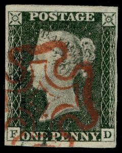 SG3, 1d grey-black PLATE 2, RED MX, 4 MARGINS, FINE USED. Cat £525. FD