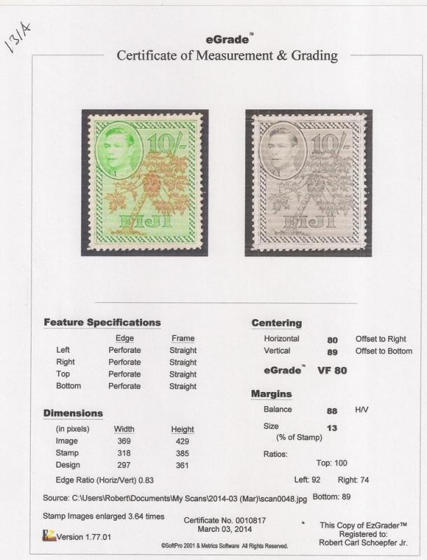 Fiji #131A 10sh Papaya, mint OG NH EGRADED VF 80