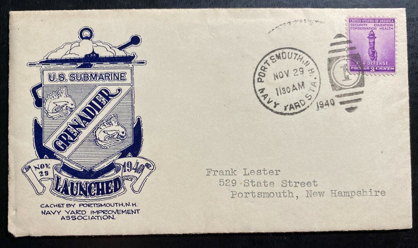 1940 Portsmouth NH USA Cover Navy Yard USS Submarine Grenadier Launched ...