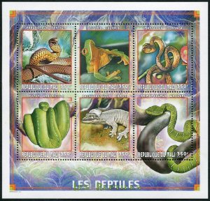 Mali 1026 sheet, MNH. Mi 2380-2385 klb. 1999. Snakes, Frog,Pashydactylus bibroni