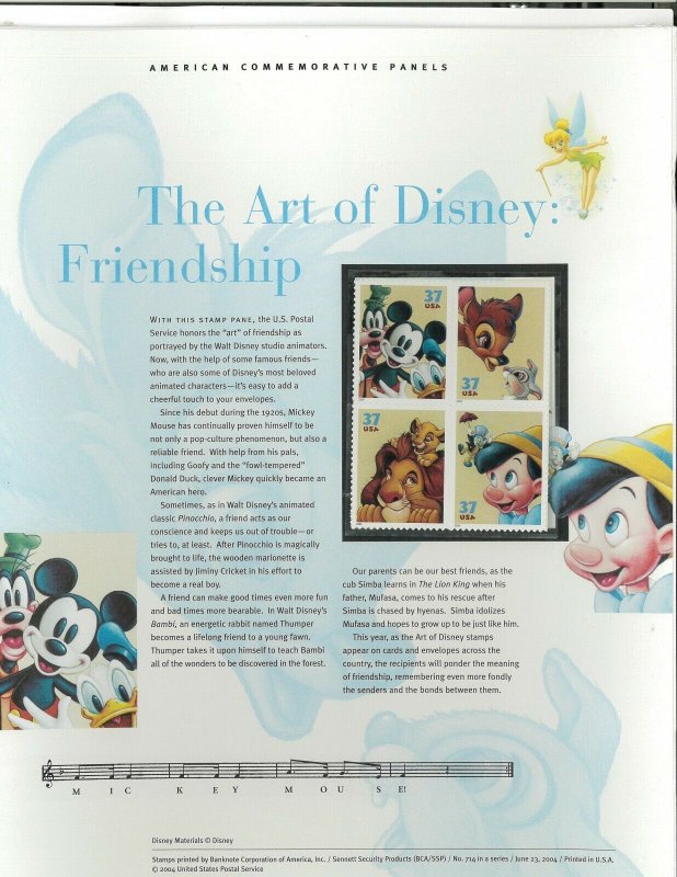 USPS COMMEMORATIVE PANEL #714 THE ART OF DISNEY: FRIENDSHIP #3865-3868