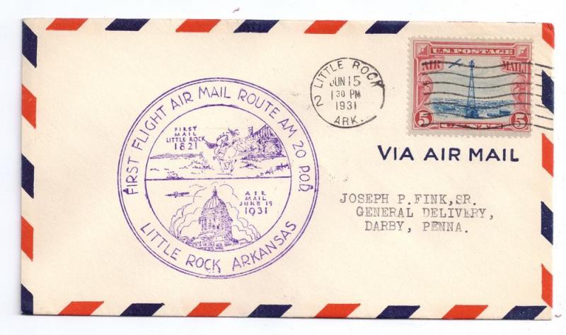 AM 20 First Flight Cover FFC Little Rock AR 1931 Air Mail