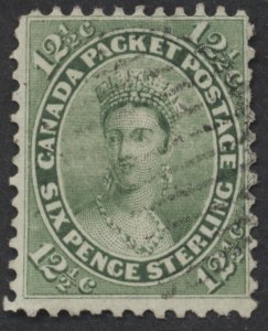 Canada #18 12 1/2c Victoria, Perf 11.75, F-VF Used, Light Grid Cancel