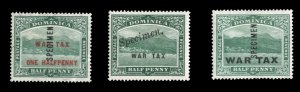 Dominica #MR1-3S, 1916-18 War Tax, three different overprinted Specimen, hinged