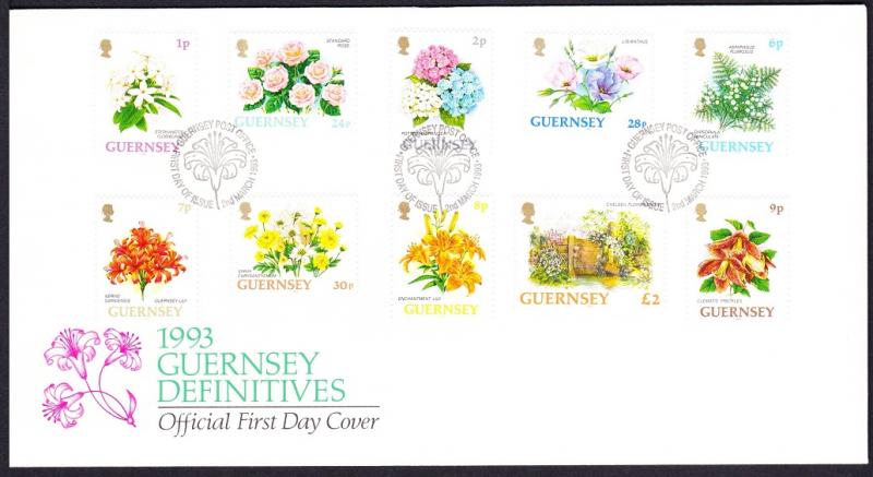 Guernsey Definitives Flowers 10v FDC 2nd issue SG#562+