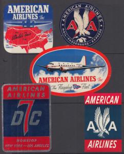 American Airlines Labels, 5 different, gummed, fresh, VF