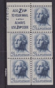 BOBPLATES #1213a Washington Booklet Pane Upper Left 27675 60% MintNH DCV=$50 *