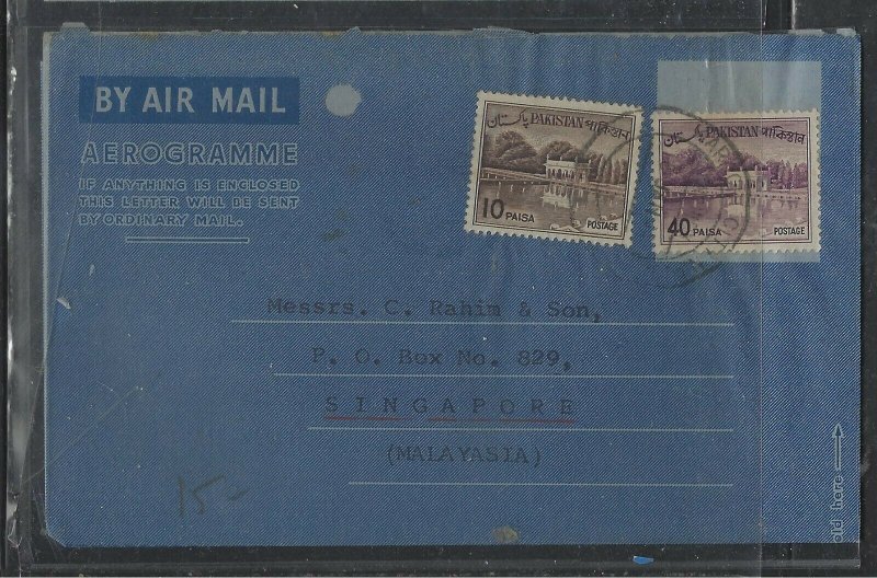 PAKISTAN  COVER (PP1404B) 1965 FORMULA AEROGRAM +10P+40P SENT TO SINGAPORE