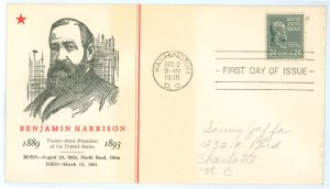 US 828 1938 24c Benjamin Harrison on an addressed FDC with a Linprint cachet.