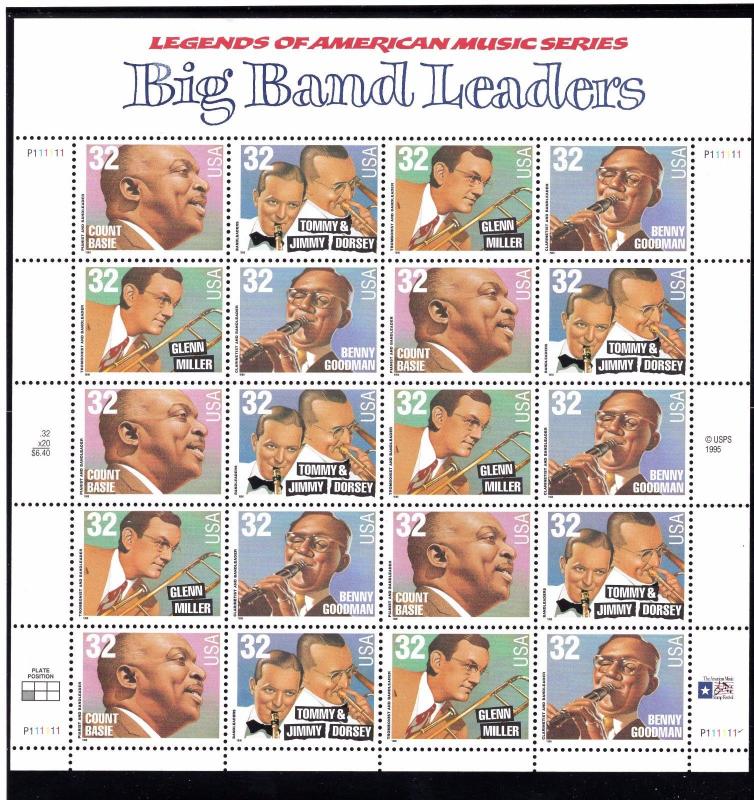 Big Band Leaders Scott #3099a MNH w/ Showguard Mount Pane Sheet of 20