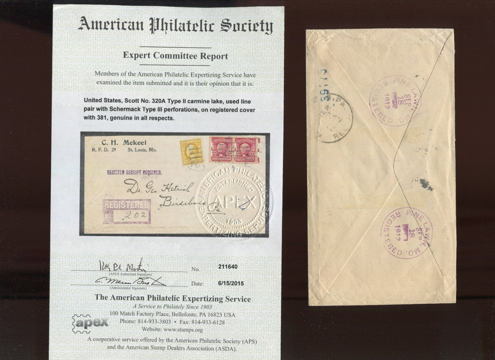 320A Schermack Type III Line Pair on Registered 1912 Cover w/APS Cert