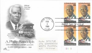 1989 FDC, #2402, 25c A. Philip Randolph, Art Craft, plate block of 4