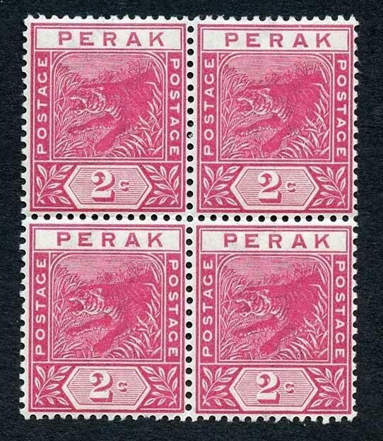 Perak 1892 SG62 2c Rose wmk Crown CA 2 x U/M Cat 10+++ pounds