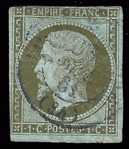 France 1853 Sc 12, YT 11 UVG close at top, Napoleon III Empire imperf