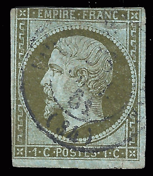 France 1853 Sc 12, YT 11 UVG close at top, Napoleon III Empire imperf