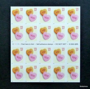 BOBPLATES #3833a Candy Hearts Booklet of 20 MNH SCV=$15~See Details for #s