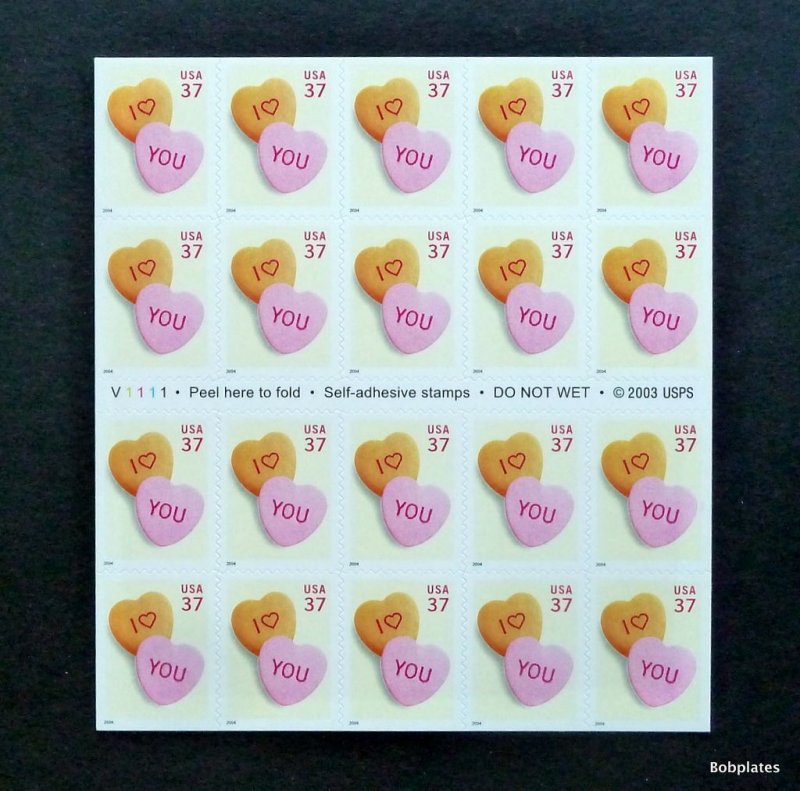 BOBPLATES #3833a Candy Hearts Booklet of 20 MNH SCV=$15~See Details for #s