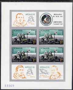 Rumania 1971 Apollo 15 sheetlet (4 x 1L 50 + 4 diff label...