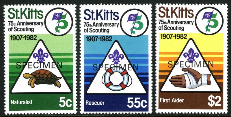 St Kitts 99-101, MNH. SPECIMEN. Scouting, 75th ann. Nature,Rescue,First aid,1982