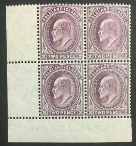 MOMEN: FALKLAND ISLANDS SG #45 1904 BLOCK MINT OG 3NH/1H(TOP LEFT) LOT #60502