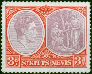 St Kitts Nevis 1943 3d Dull Reddish Purple & Carmine-Red SG73 P.14 Chalk V.F MNH