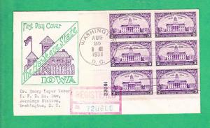 #838 P47 Iowa Statehood BlK6-REGISTERED Unknown Cachet