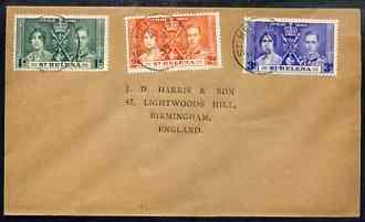 St Helena 1937 KG6 Coronation set of 3 on cover with firs...