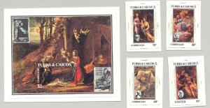 Turks & Caicos #614-618 Correggio Art 4v & 1v S/S Imperf Proofs on Cards